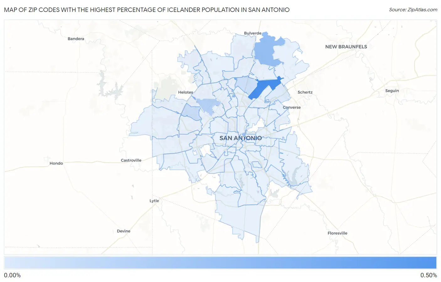 Zip Codes with the Highest Percentage of Icelander Population in San Antonio Map