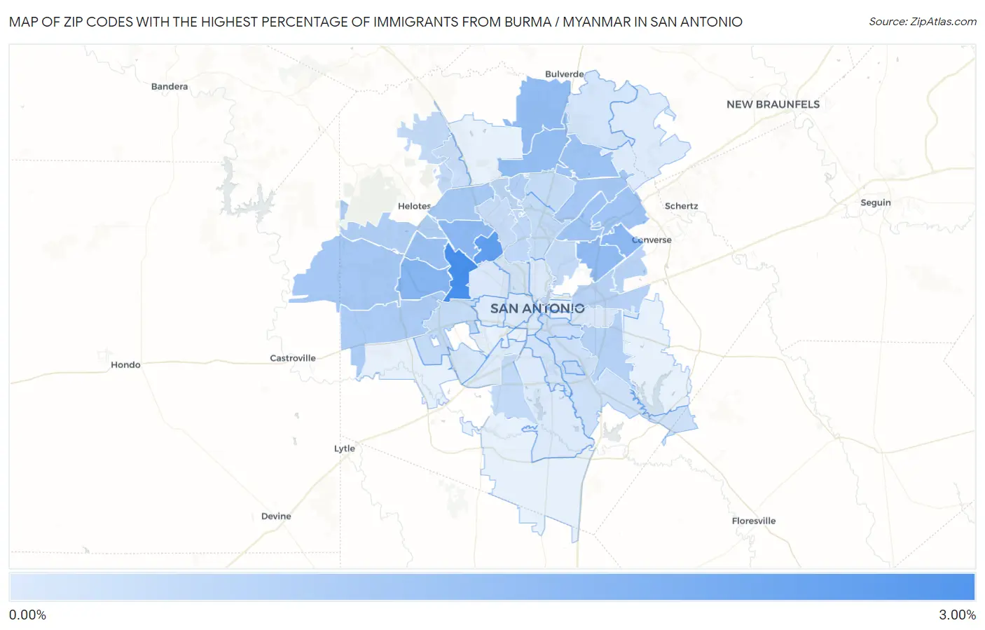 Zip Codes with the Highest Percentage of Immigrants from Burma / Myanmar in San Antonio Map