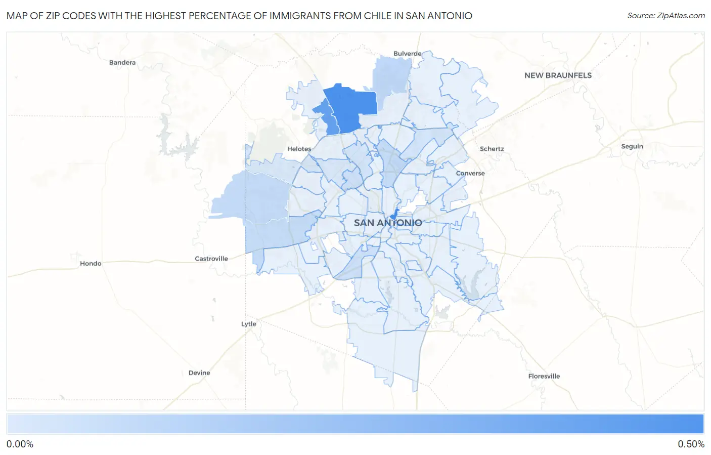 Zip Codes with the Highest Percentage of Immigrants from Chile in San Antonio Map