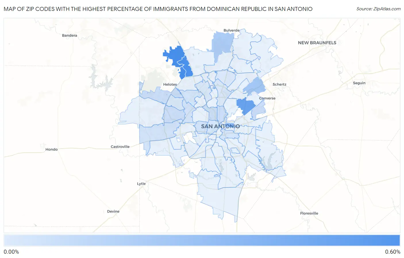 Zip Codes with the Highest Percentage of Immigrants from Dominican Republic in San Antonio Map