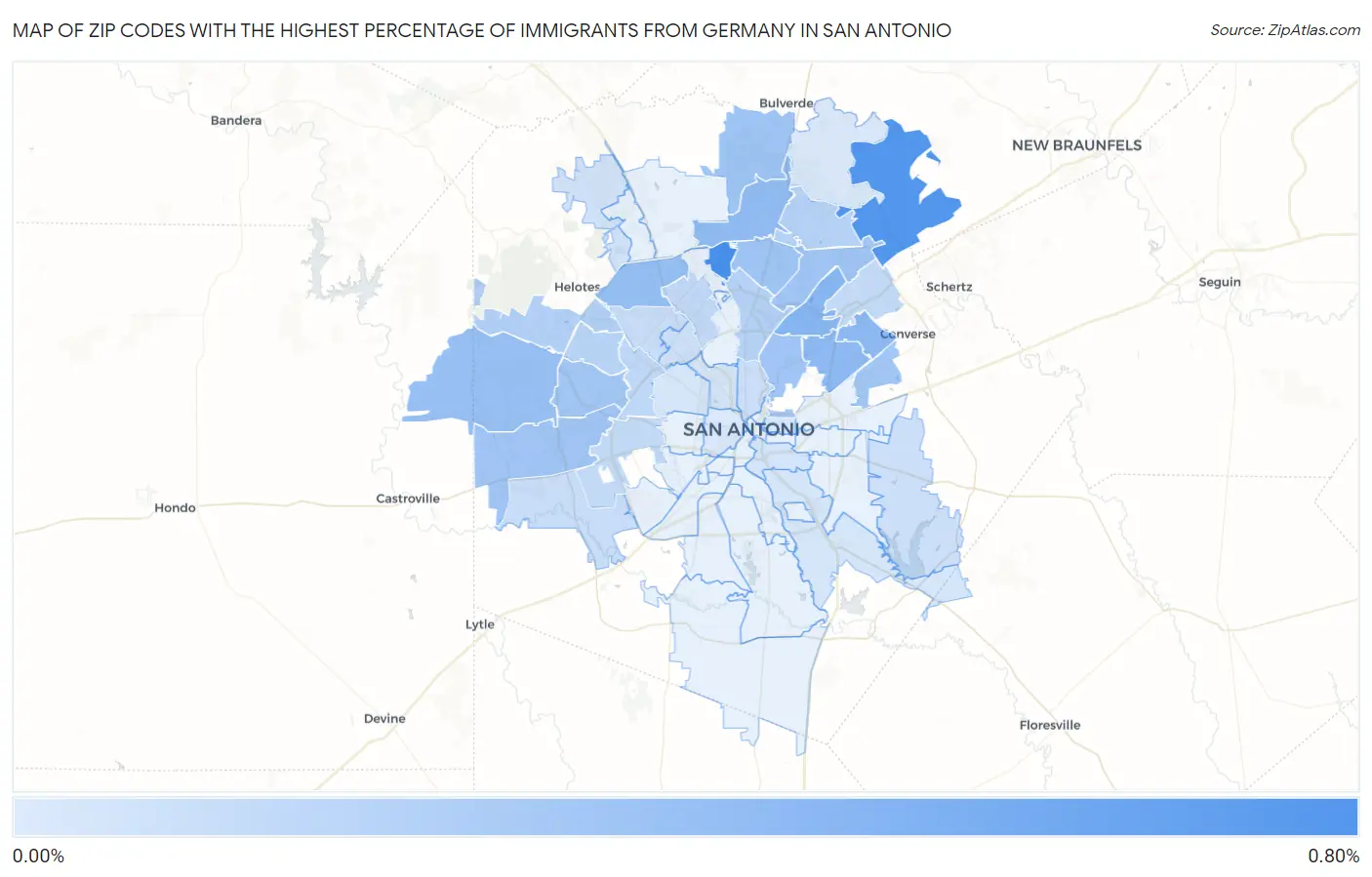Zip Codes with the Highest Percentage of Immigrants from Germany in San Antonio Map