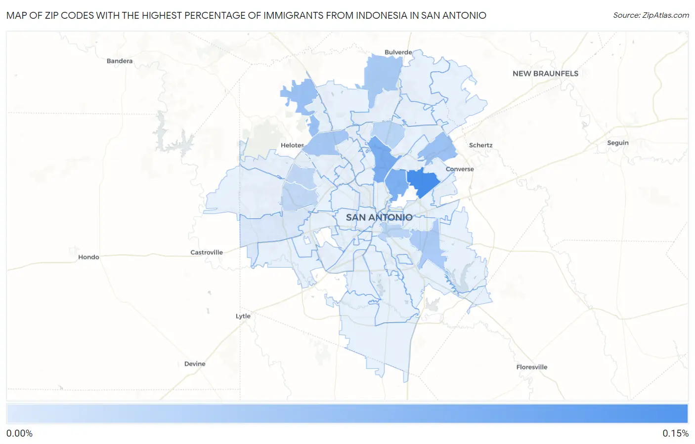 Zip Codes with the Highest Percentage of Immigrants from Indonesia in San Antonio Map