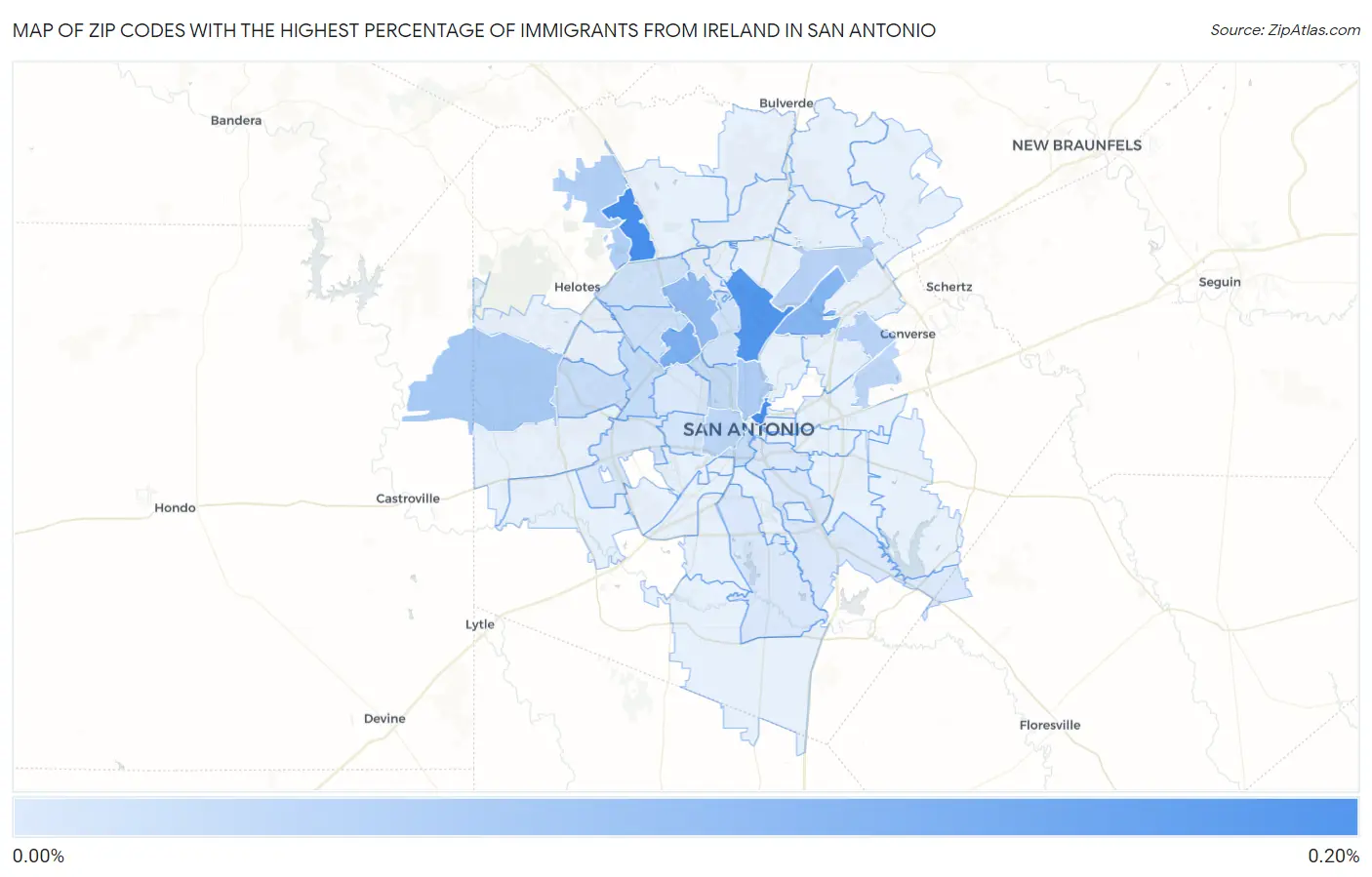 Zip Codes with the Highest Percentage of Immigrants from Ireland in San Antonio Map