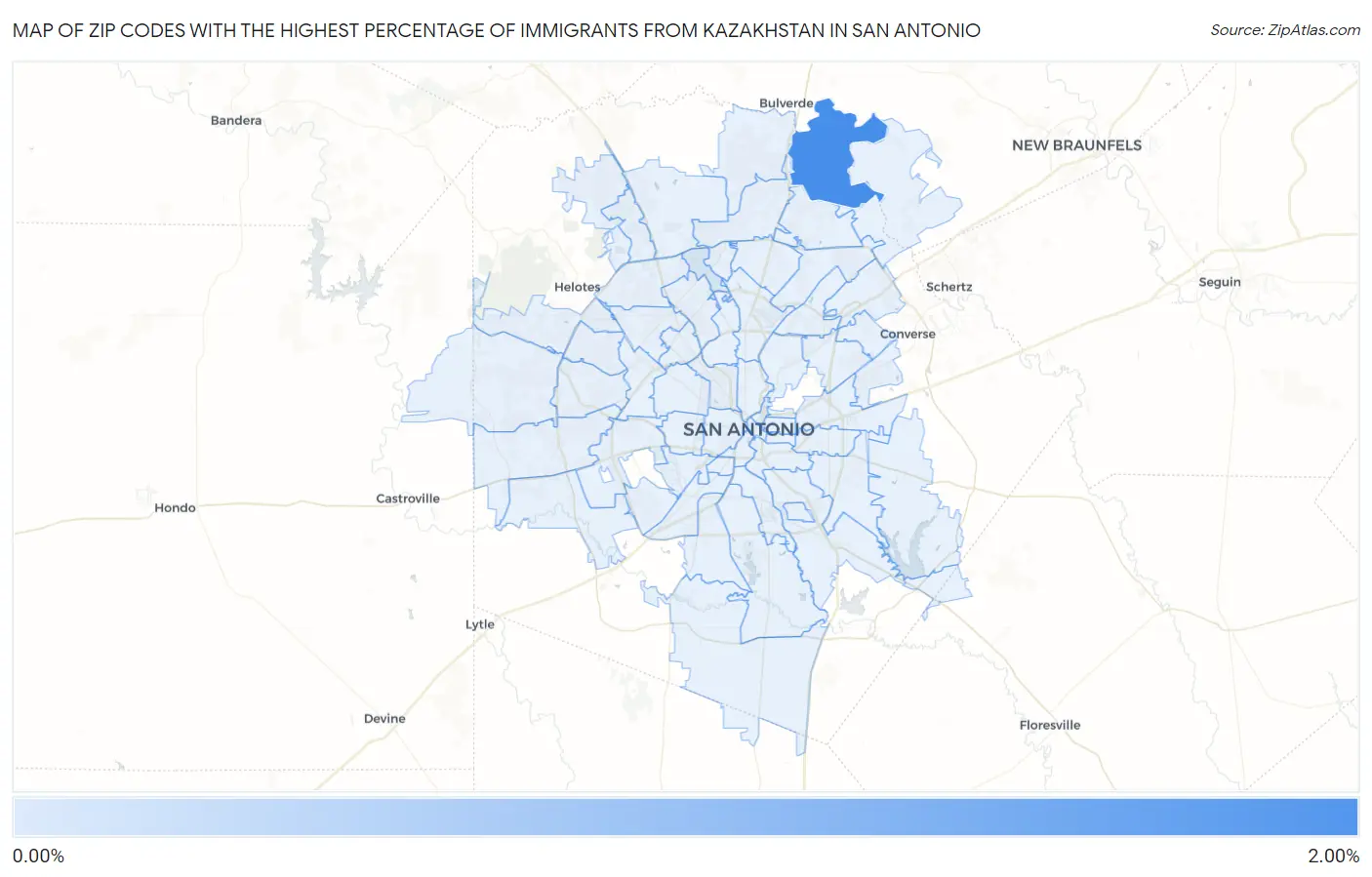 Zip Codes with the Highest Percentage of Immigrants from Kazakhstan in San Antonio Map