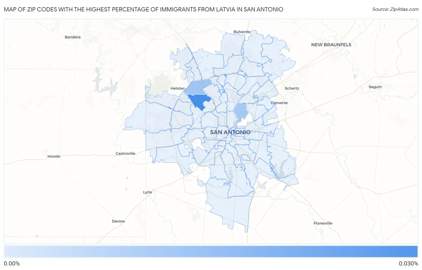 Zip Codes with the Highest Percentage of Immigrants from Latvia in San Antonio Map