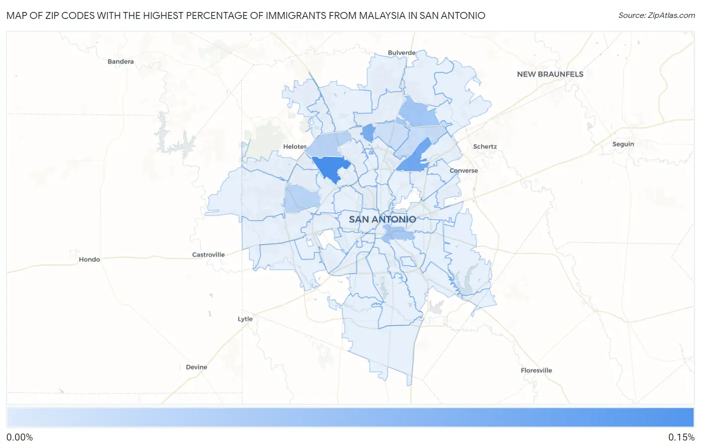 Zip Codes with the Highest Percentage of Immigrants from Malaysia in San Antonio Map
