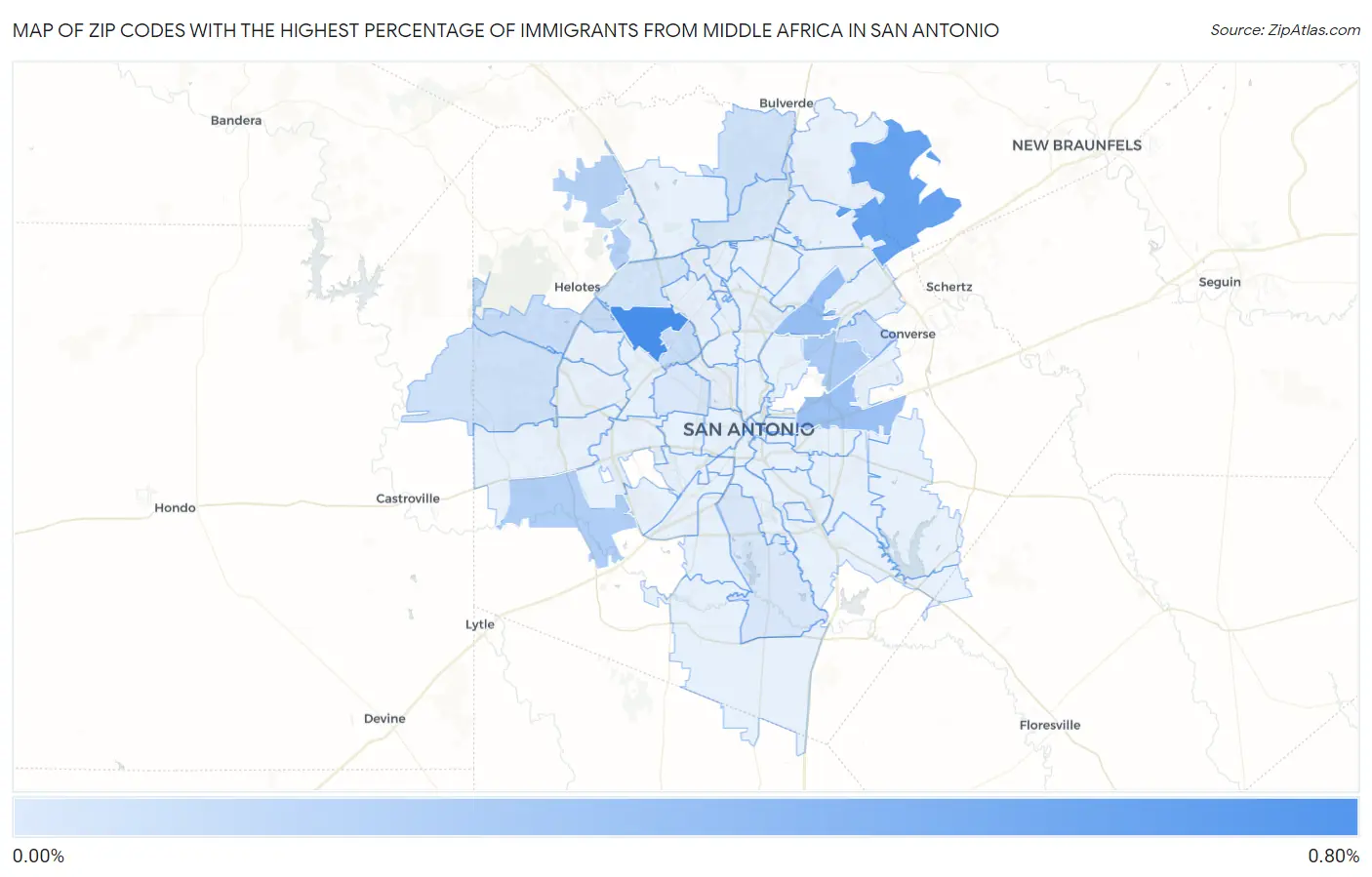 Zip Codes with the Highest Percentage of Immigrants from Middle Africa in San Antonio Map