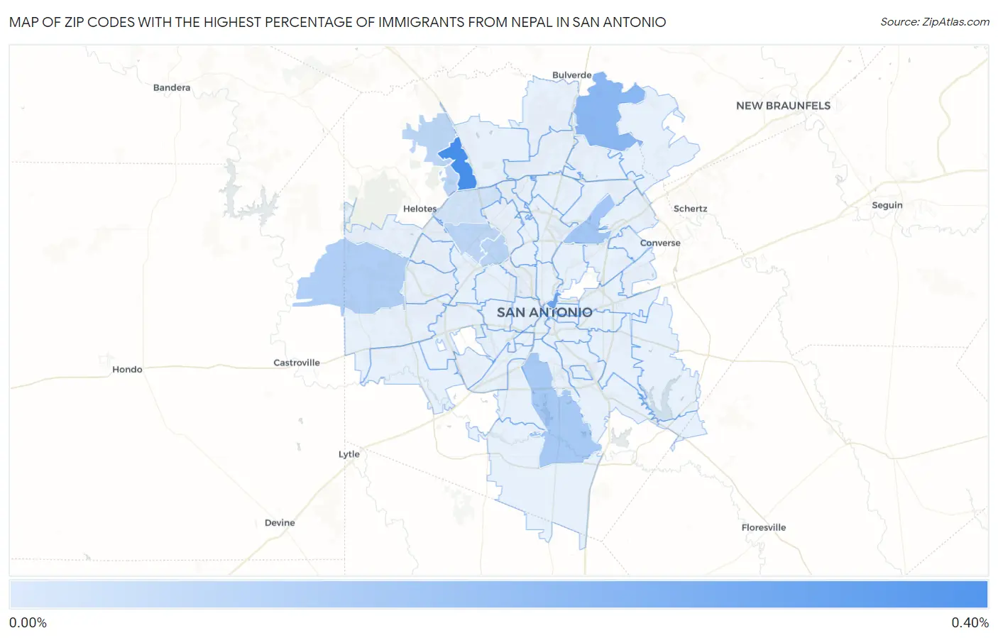 Zip Codes with the Highest Percentage of Immigrants from Nepal in San Antonio Map