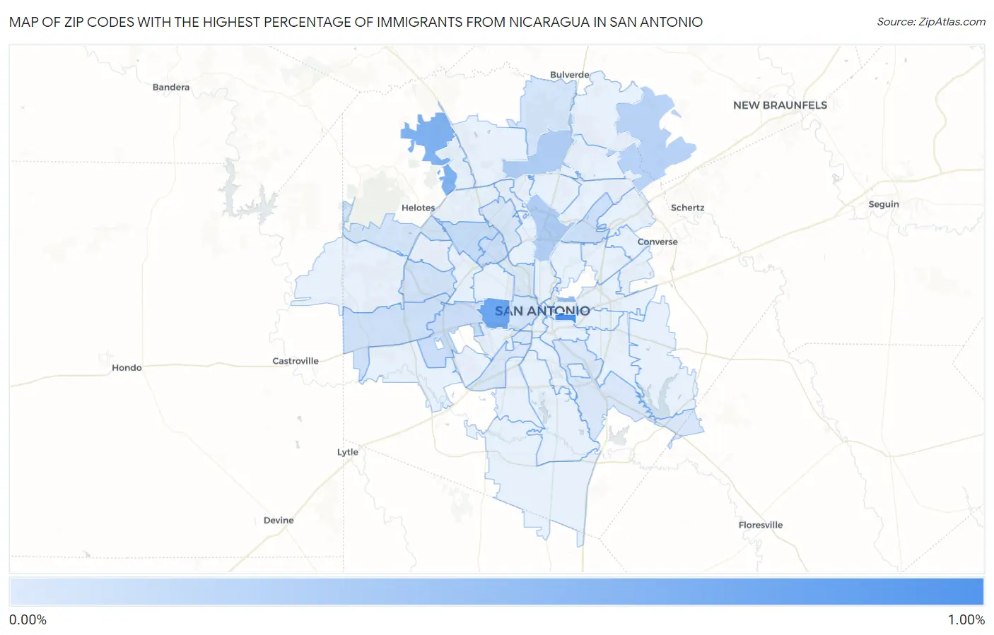Zip Codes with the Highest Percentage of Immigrants from Nicaragua in San Antonio Map