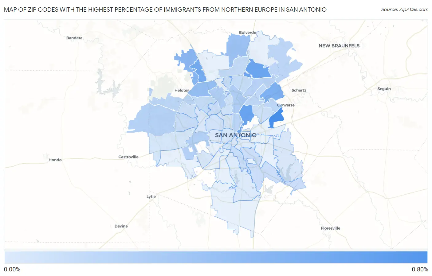 Zip Codes with the Highest Percentage of Immigrants from Northern Europe in San Antonio Map