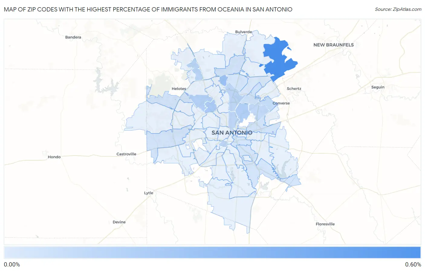 Zip Codes with the Highest Percentage of Immigrants from Oceania in San Antonio Map