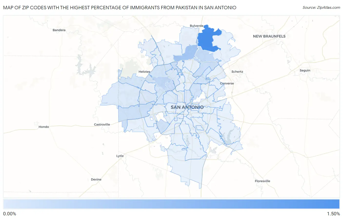 Zip Codes with the Highest Percentage of Immigrants from Pakistan in San Antonio Map