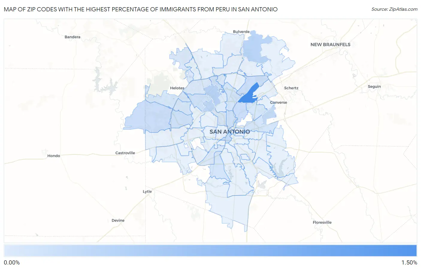 Zip Codes with the Highest Percentage of Immigrants from Peru in San Antonio Map