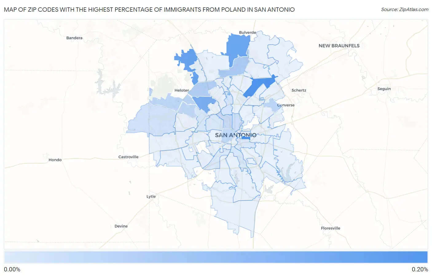 Zip Codes with the Highest Percentage of Immigrants from Poland in San Antonio Map