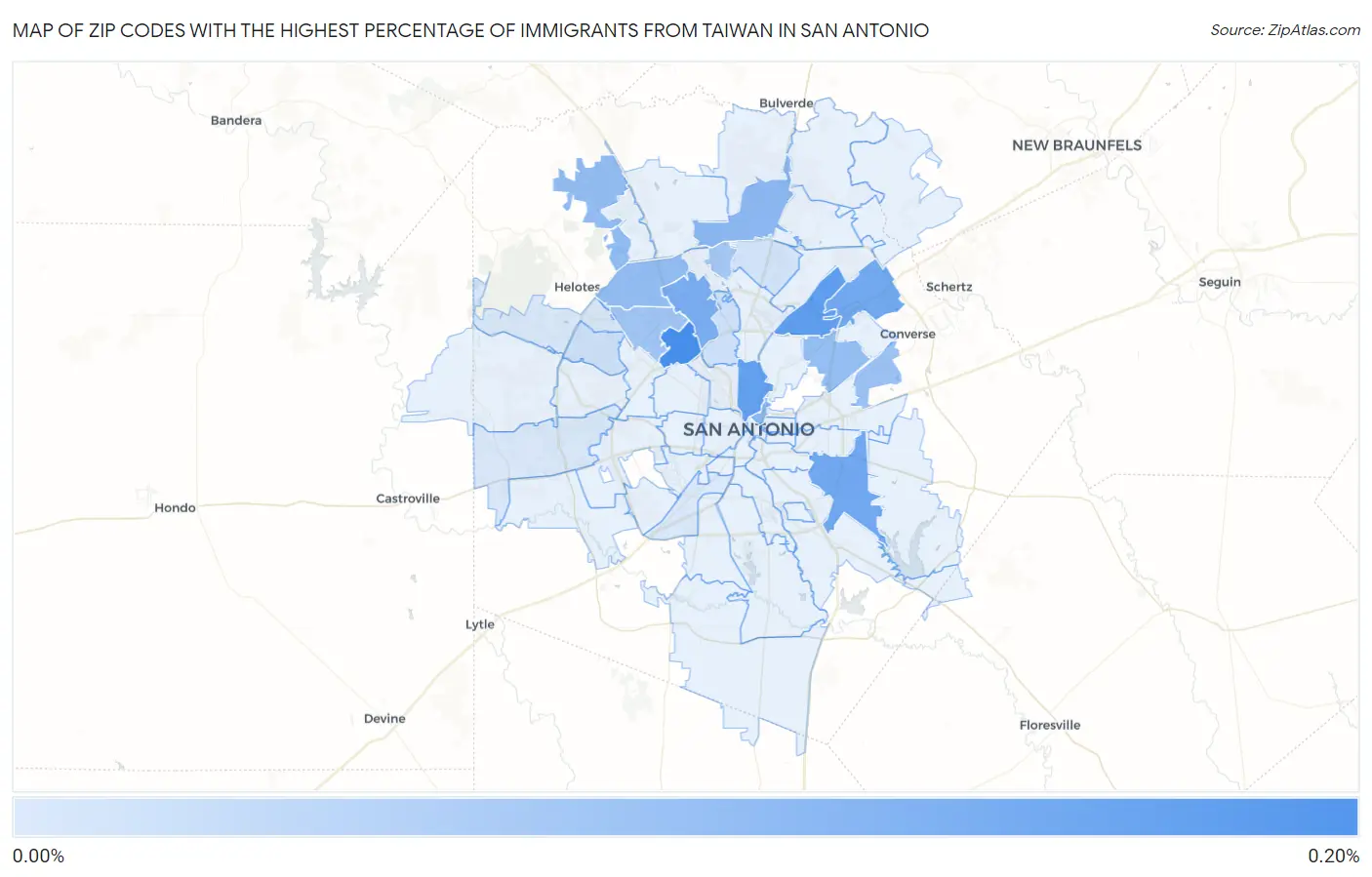 Zip Codes with the Highest Percentage of Immigrants from Taiwan in San Antonio Map