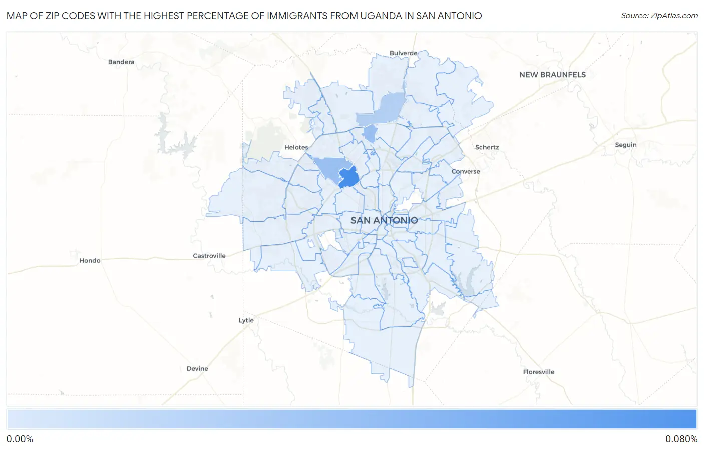 Zip Codes with the Highest Percentage of Immigrants from Uganda in San Antonio Map