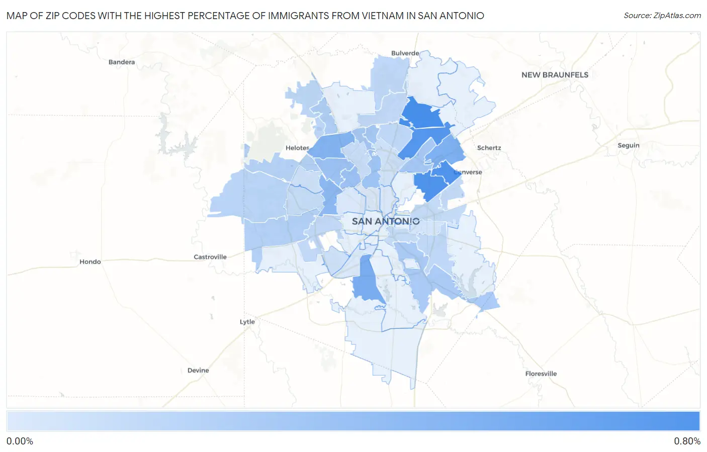 Zip Codes with the Highest Percentage of Immigrants from Vietnam in San Antonio Map