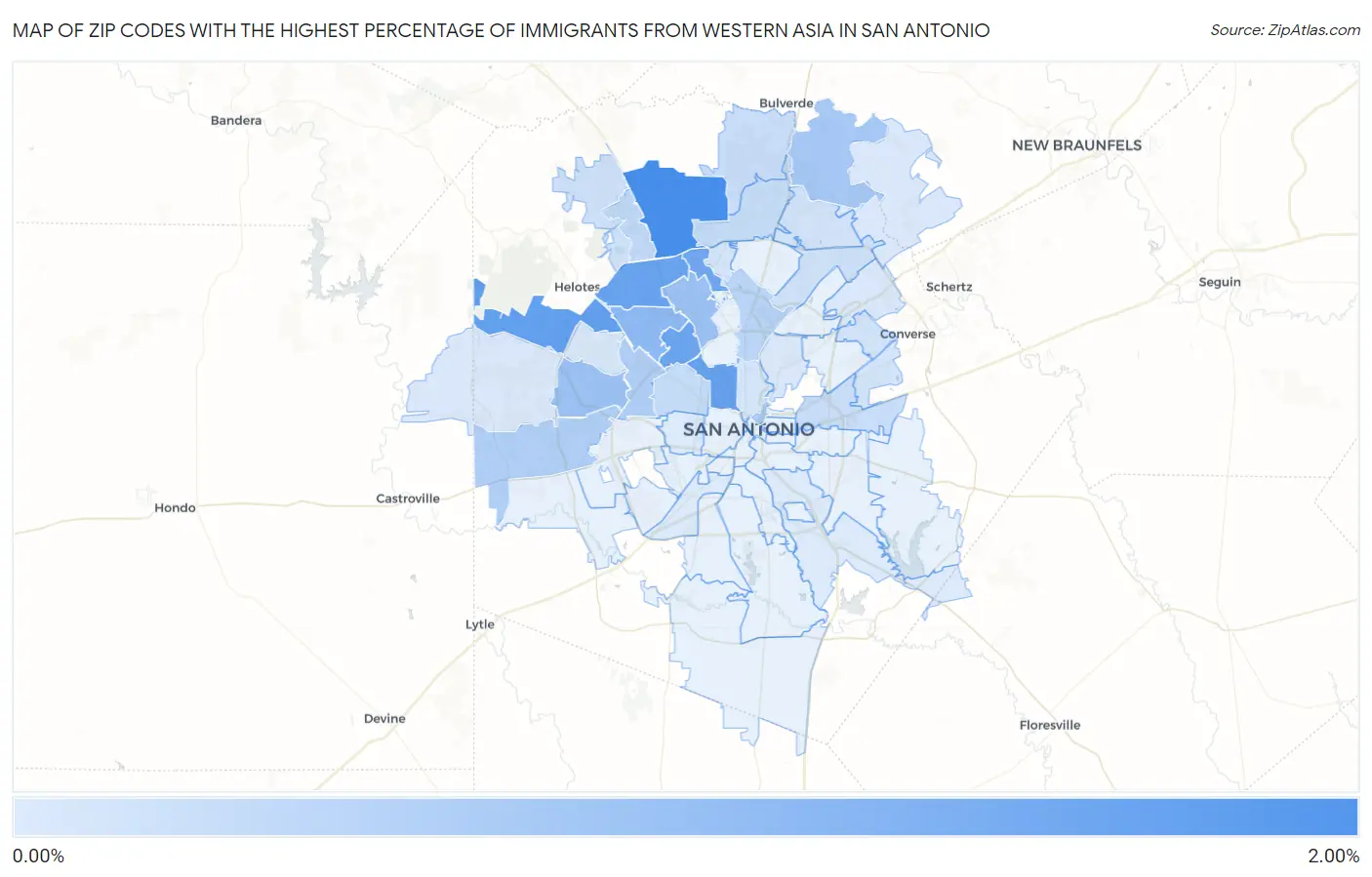 Zip Codes with the Highest Percentage of Immigrants from Western Asia in San Antonio Map