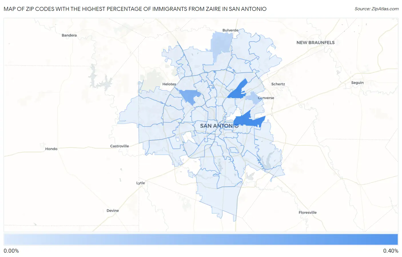Zip Codes with the Highest Percentage of Immigrants from Zaire in San Antonio Map