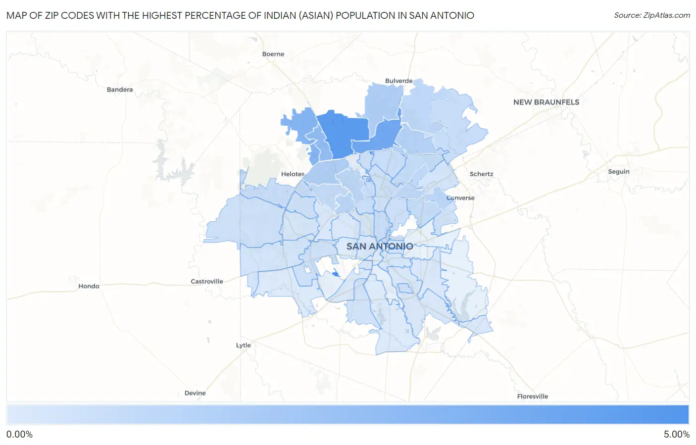 Zip Codes with the Highest Percentage of Indian (Asian) Population in San Antonio Map