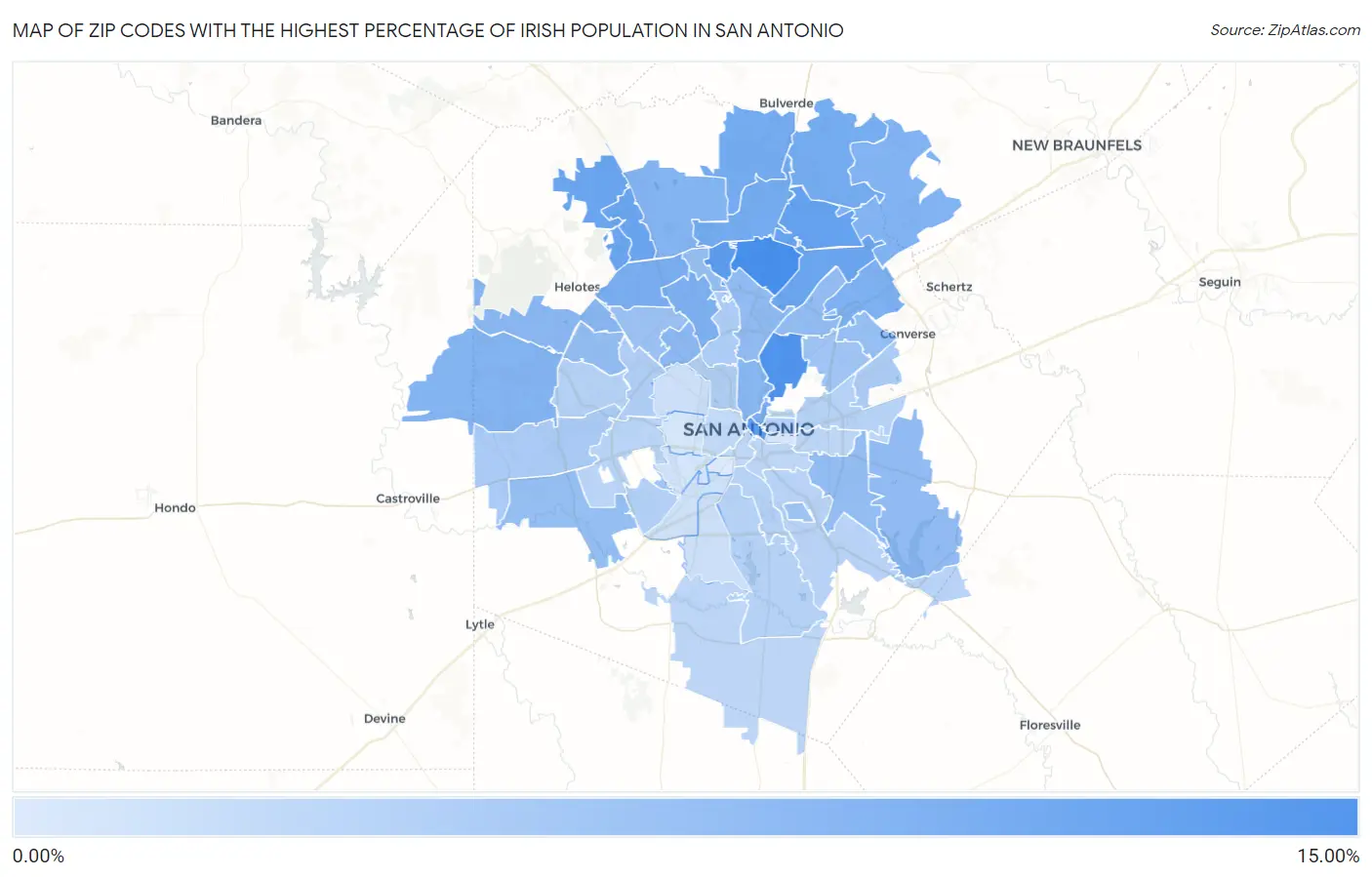 Zip Codes with the Highest Percentage of Irish Population in San Antonio Map