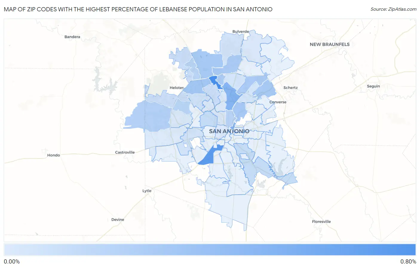 Zip Codes with the Highest Percentage of Lebanese Population in San Antonio Map