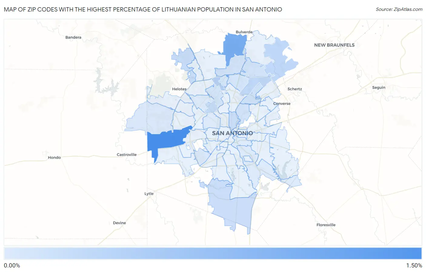 Zip Codes with the Highest Percentage of Lithuanian Population in San Antonio Map