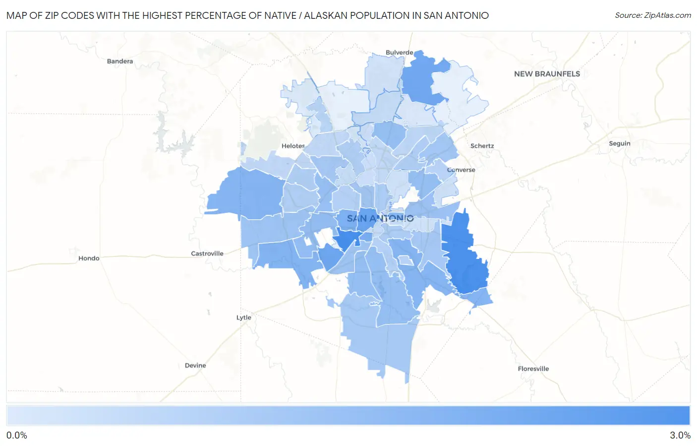 Zip Codes with the Highest Percentage of Native / Alaskan Population in San Antonio Map