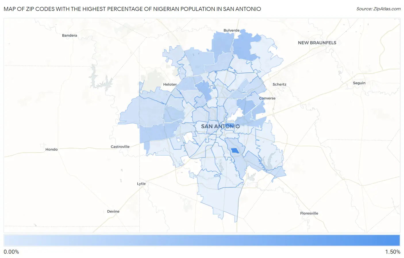 Zip Codes with the Highest Percentage of Nigerian Population in San Antonio Map