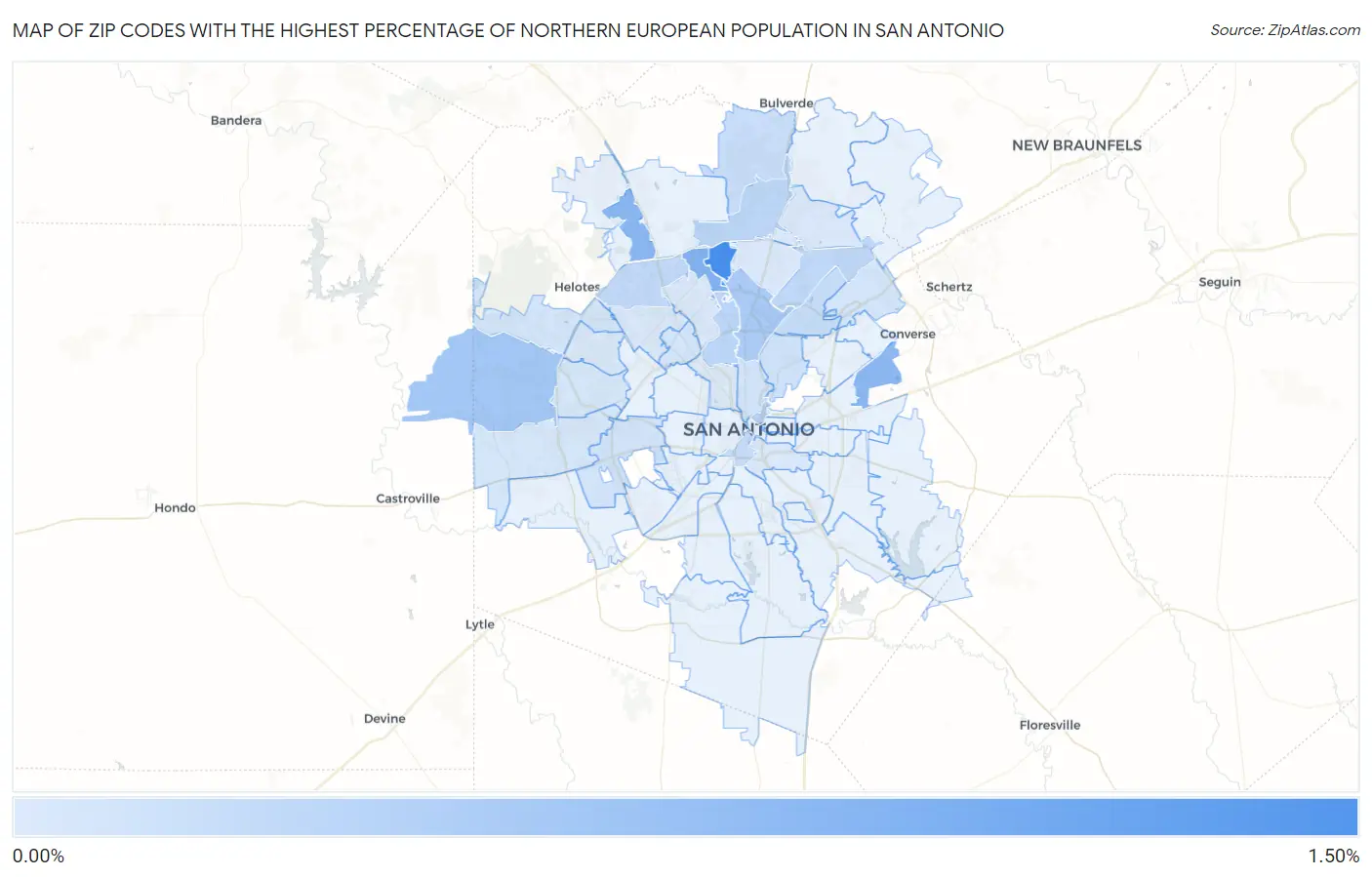 Zip Codes with the Highest Percentage of Northern European Population in San Antonio Map