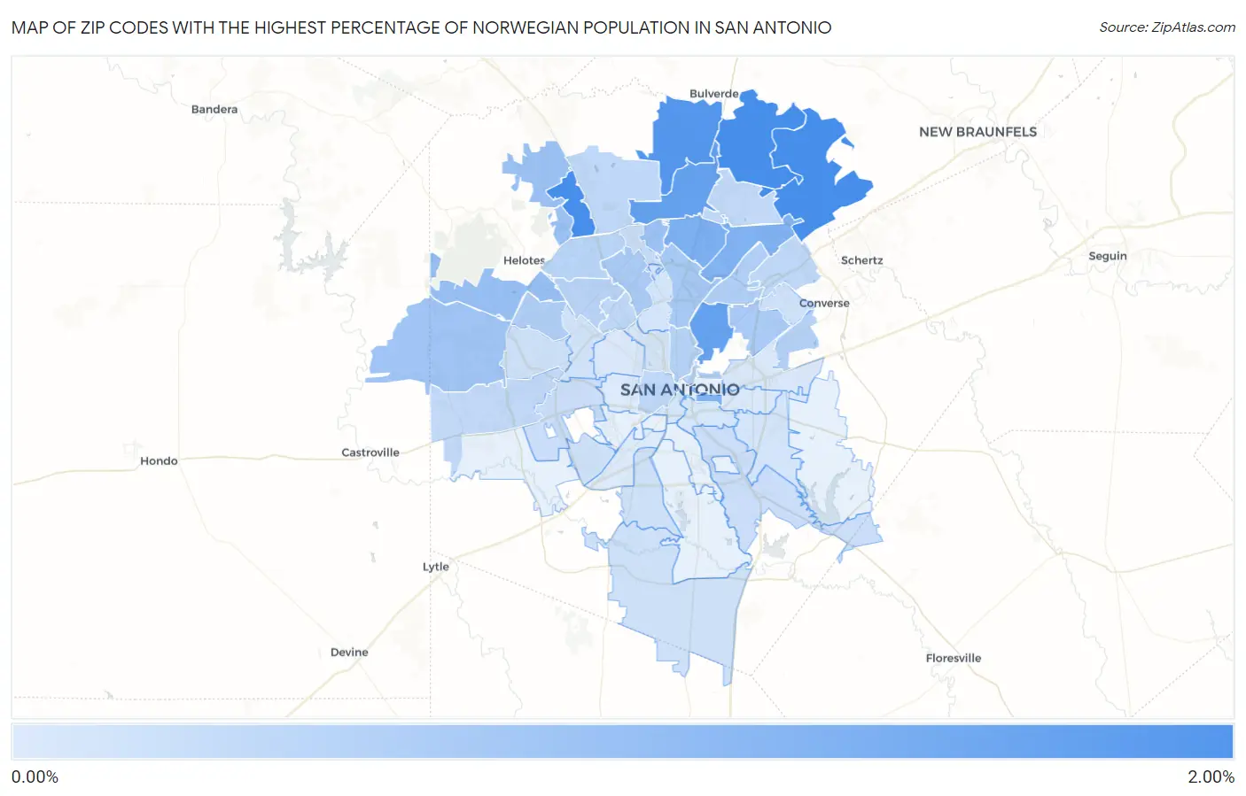 Zip Codes with the Highest Percentage of Norwegian Population in San Antonio Map