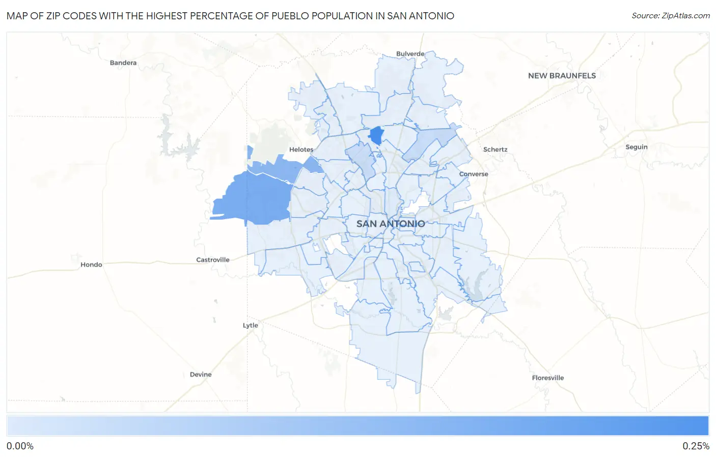 Zip Codes with the Highest Percentage of Pueblo Population in San Antonio Map