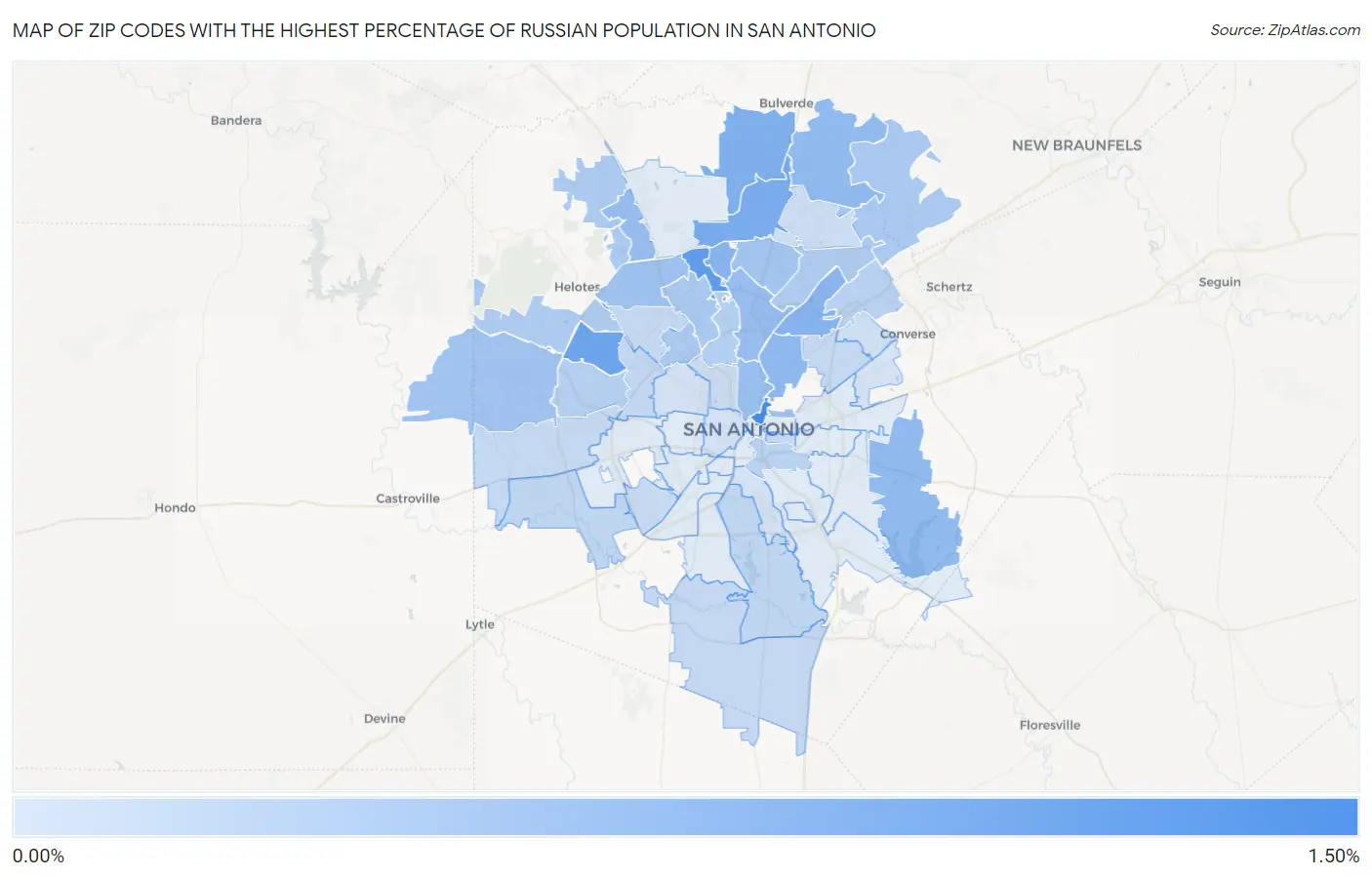 Zip Codes with the Highest Percentage of Russian Population in San Antonio Map