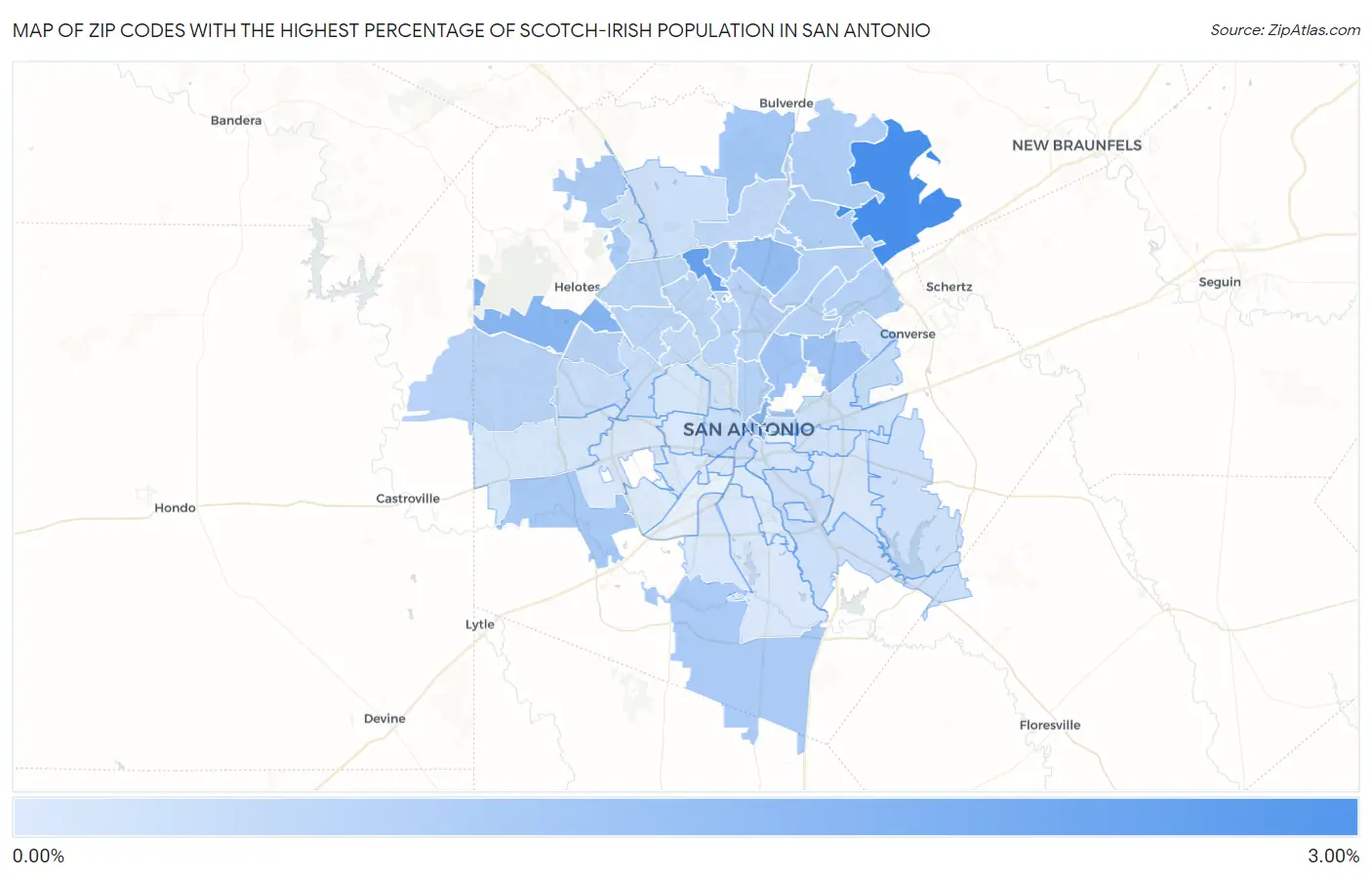 Zip Codes with the Highest Percentage of Scotch-Irish Population in San Antonio Map