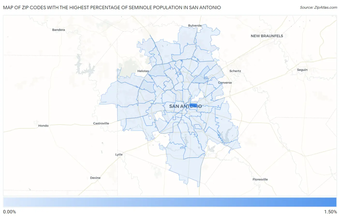 Zip Codes with the Highest Percentage of Seminole Population in San Antonio Map