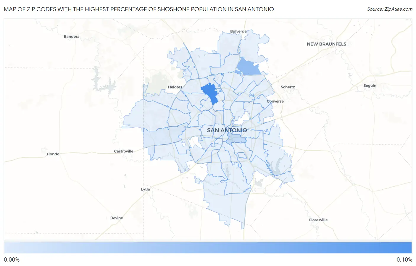 Zip Codes with the Highest Percentage of Shoshone Population in San Antonio Map