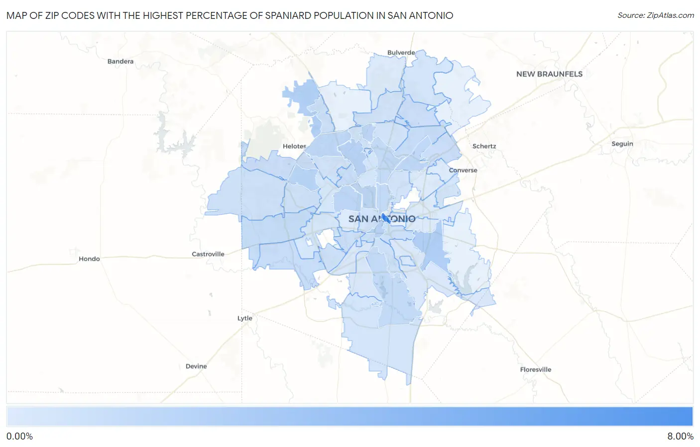 Zip Codes with the Highest Percentage of Spaniard Population in San Antonio Map