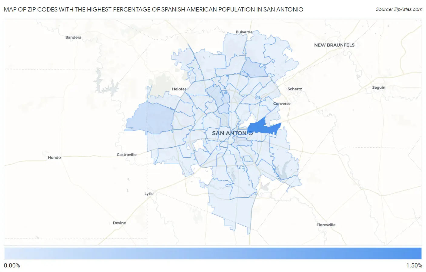 Zip Codes with the Highest Percentage of Spanish American Population in San Antonio Map