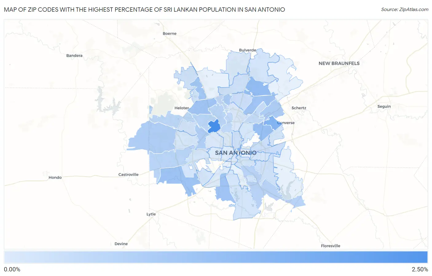 Zip Codes with the Highest Percentage of Sri Lankan Population in San Antonio Map