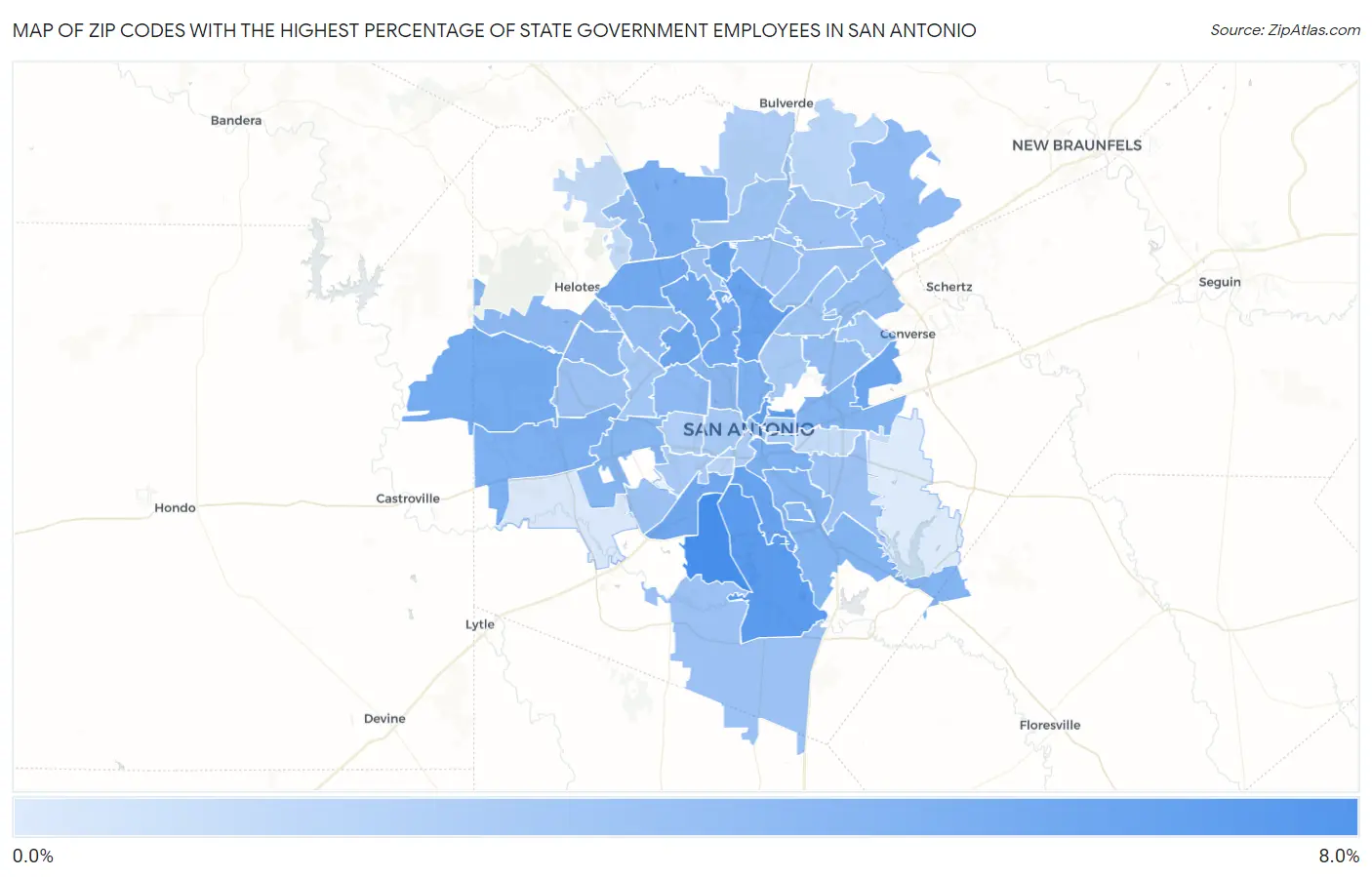 Zip Codes with the Highest Percentage of State Government Employees in San Antonio Map