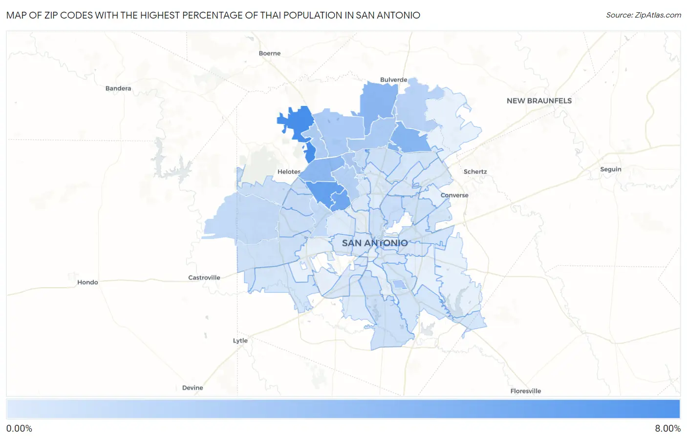 Zip Codes with the Highest Percentage of Thai Population in San Antonio Map
