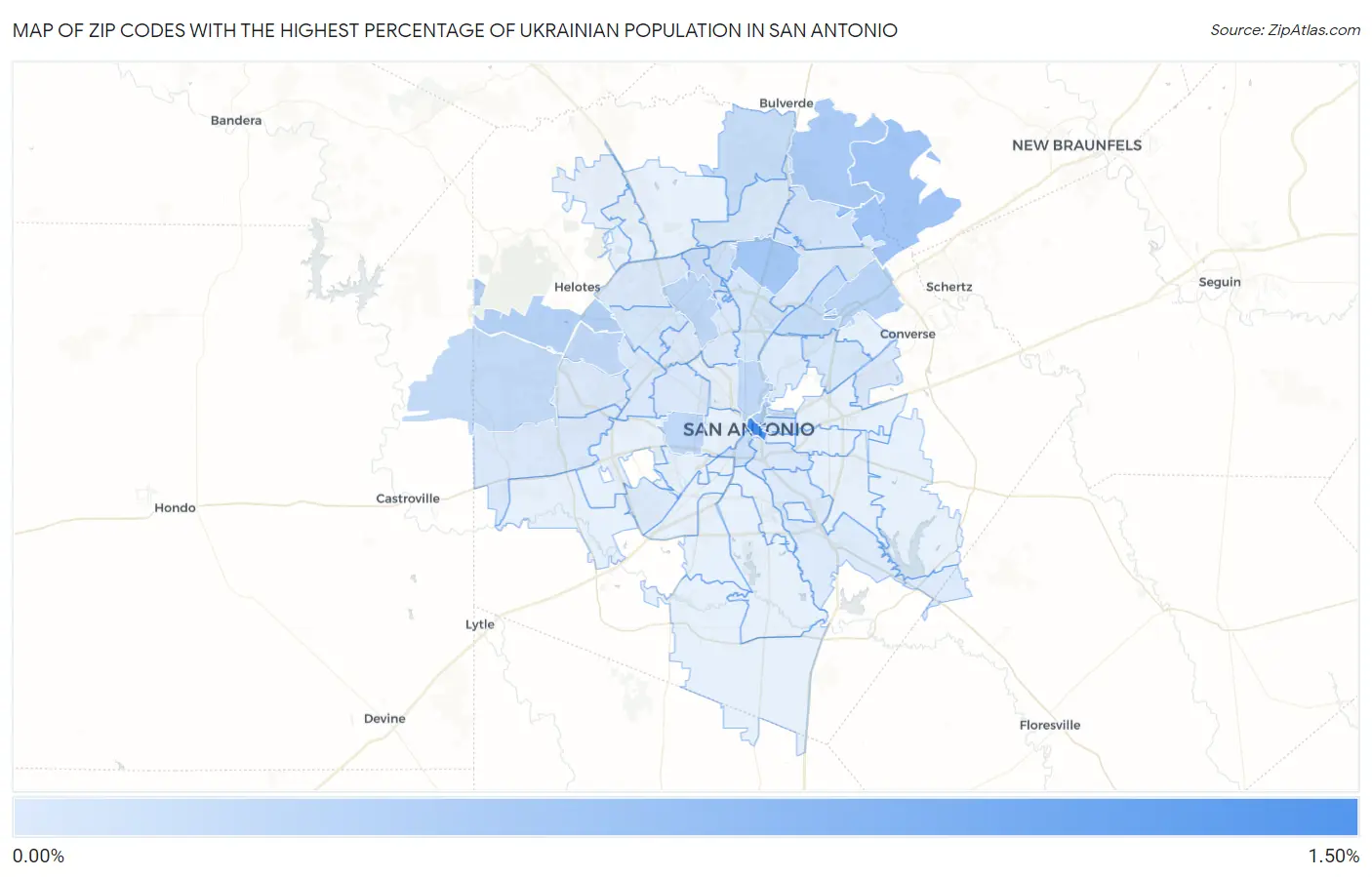 Zip Codes with the Highest Percentage of Ukrainian Population in San Antonio Map