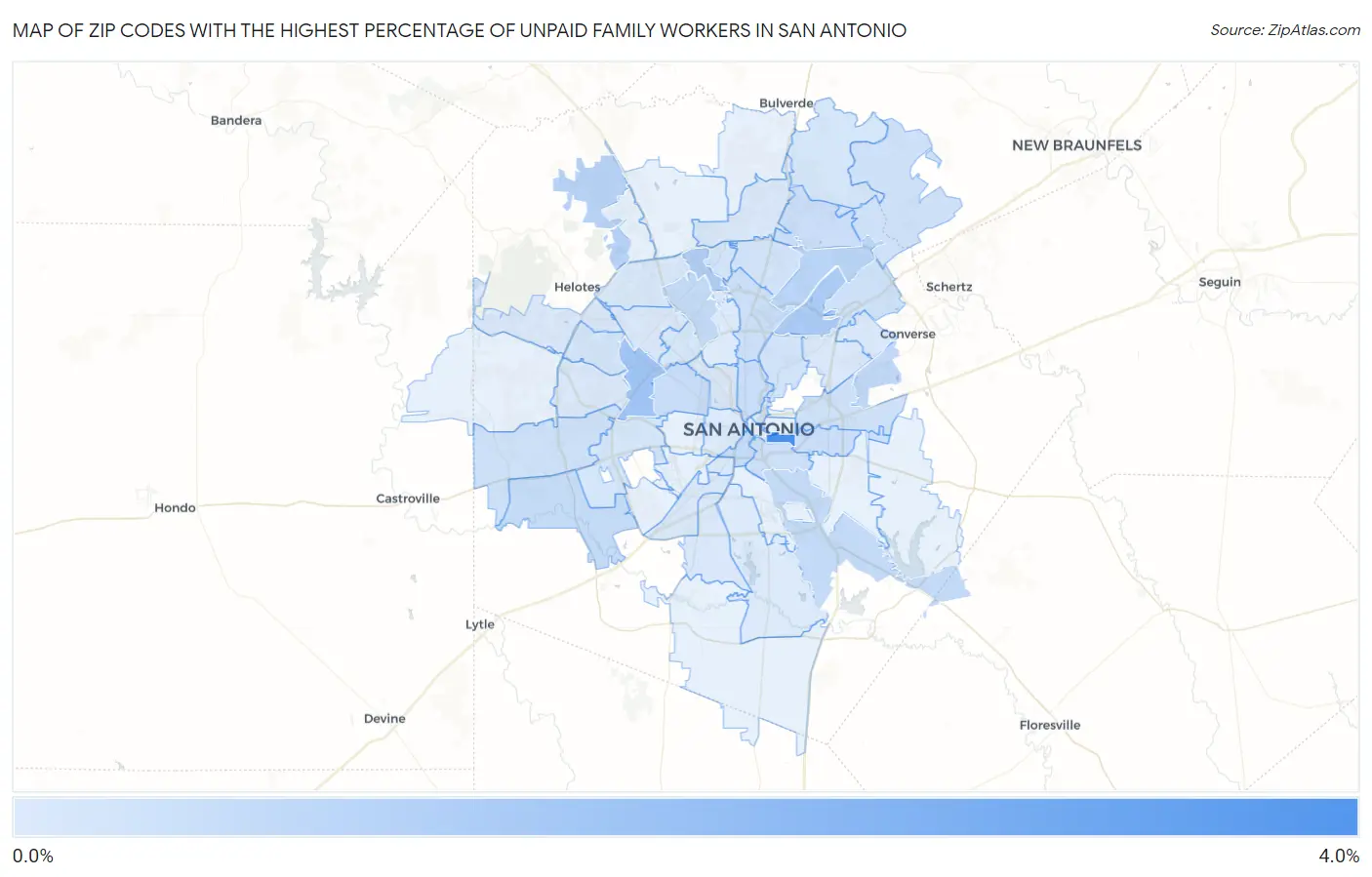 Zip Codes with the Highest Percentage of Unpaid Family Workers in San Antonio Map