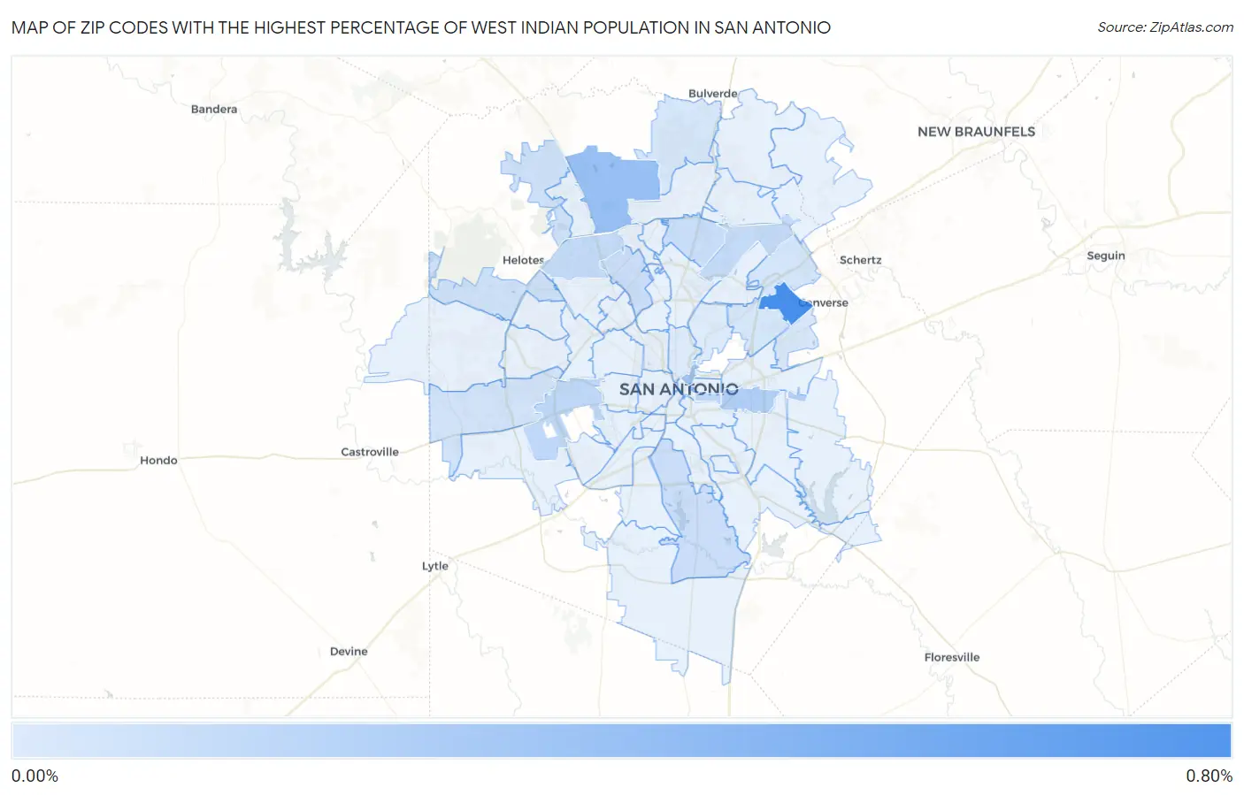 Zip Codes with the Highest Percentage of West Indian Population in San Antonio Map