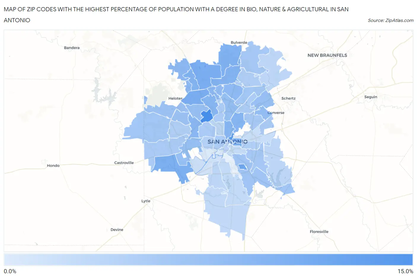 Zip Codes with the Highest Percentage of Population with a Degree in Bio, Nature & Agricultural in San Antonio Map