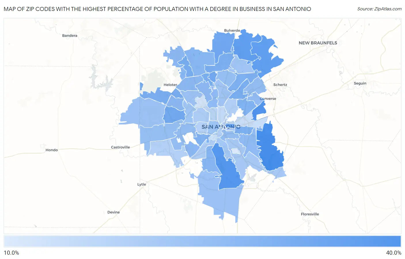Zip Codes with the Highest Percentage of Population with a Degree in Business in San Antonio Map