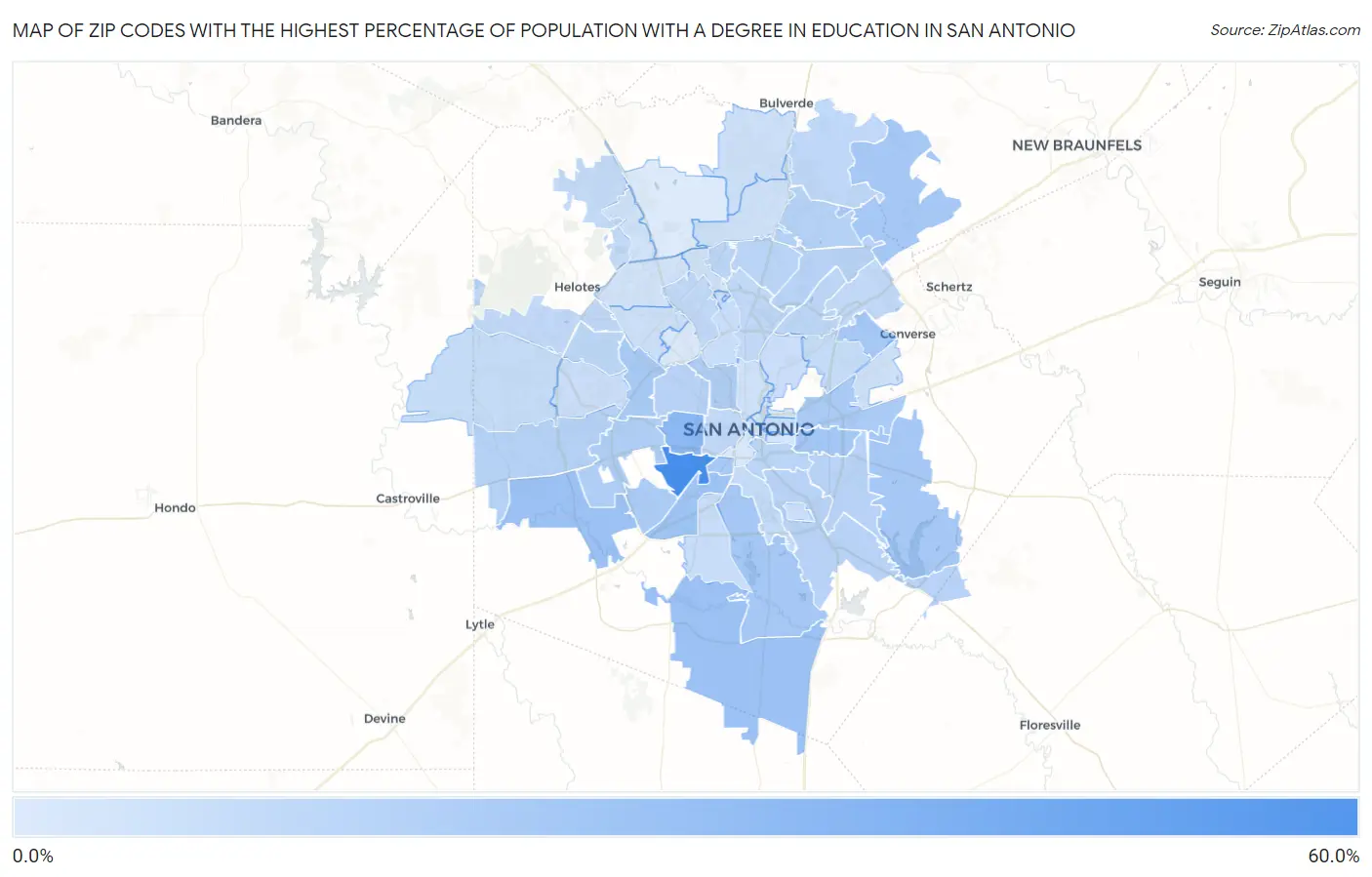 Zip Codes with the Highest Percentage of Population with a Degree in Education in San Antonio Map