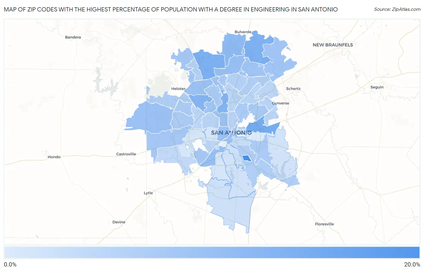 Zip Codes with the Highest Percentage of Population with a Degree in Engineering in San Antonio Map
