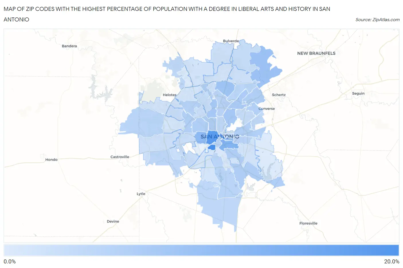 Zip Codes with the Highest Percentage of Population with a Degree in Liberal Arts and History in San Antonio Map