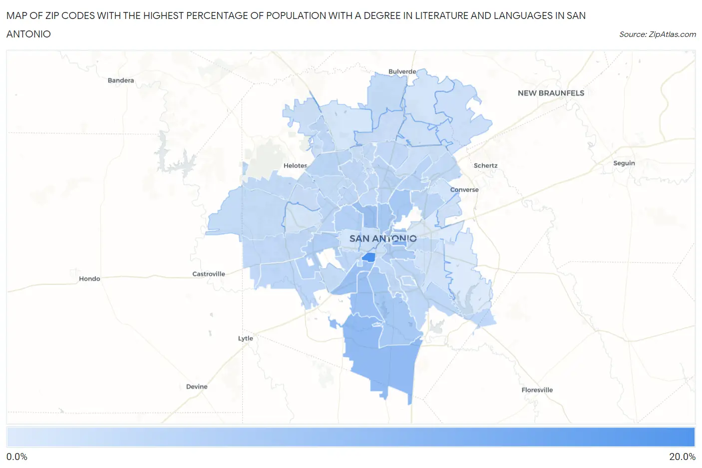Zip Codes with the Highest Percentage of Population with a Degree in Literature and Languages in San Antonio Map